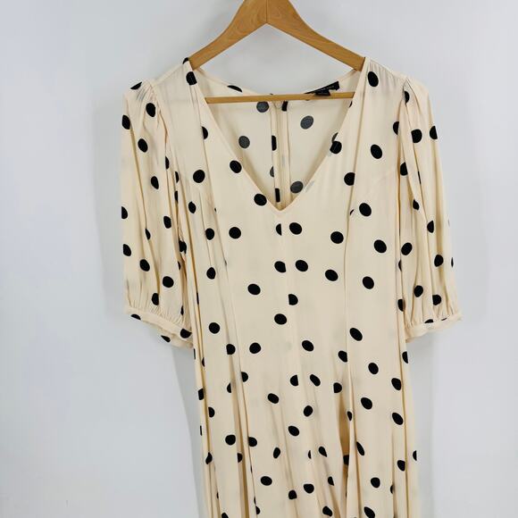 Something Navy Polka Dot V-Neck Midi Dress Chic Elbow Sleeve Feminine Vibe Sz 1 - Picture 5 of 9